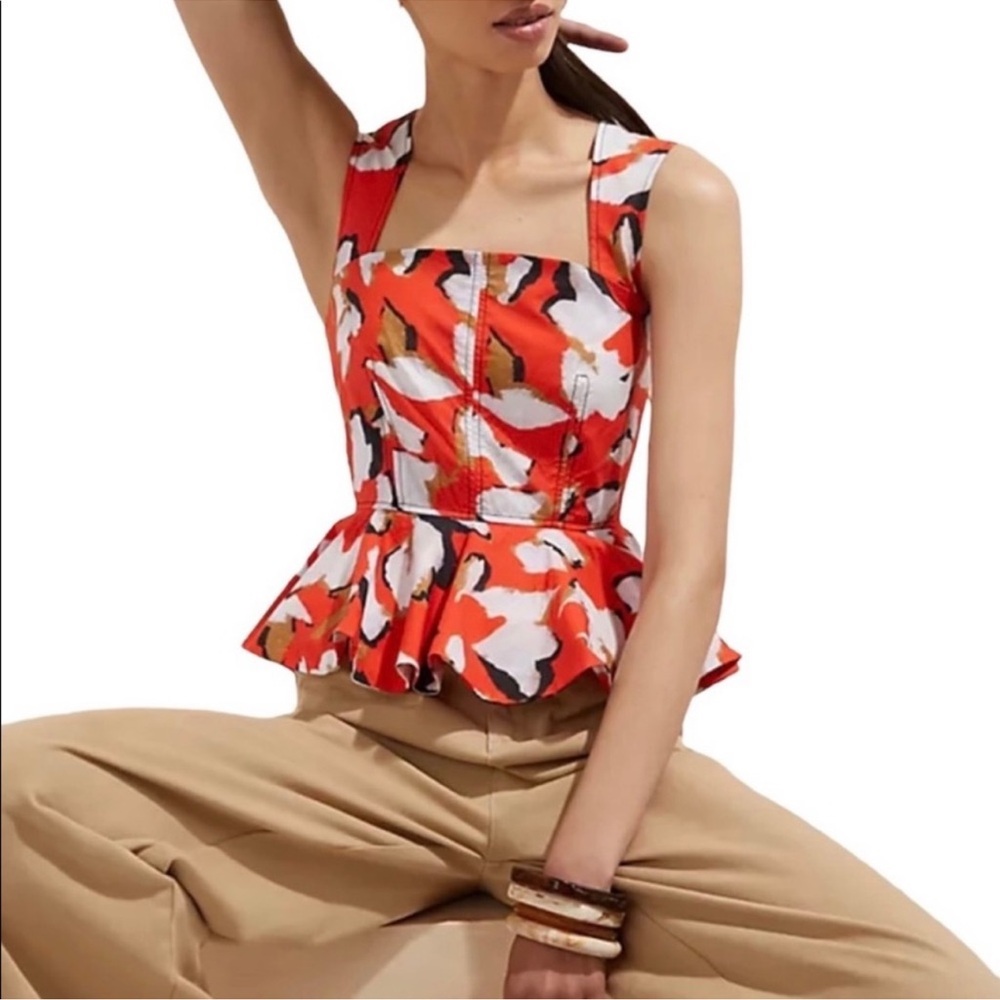 HUNTER BELL Orange White Black Floral Peplum Tank Top - Picture 3 of 6